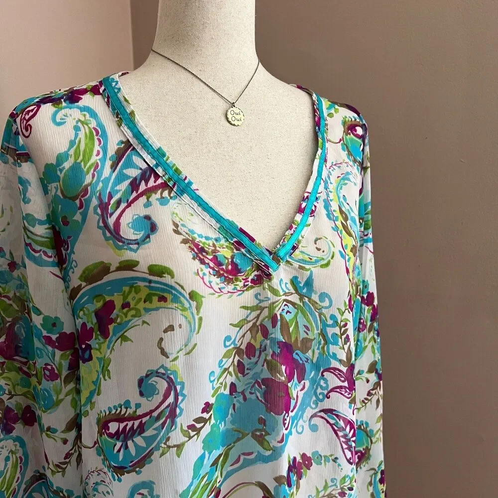 Tommy Bahama Paisley Tunic Cover Up Resort Beach Vacation Blue Purple Size L
